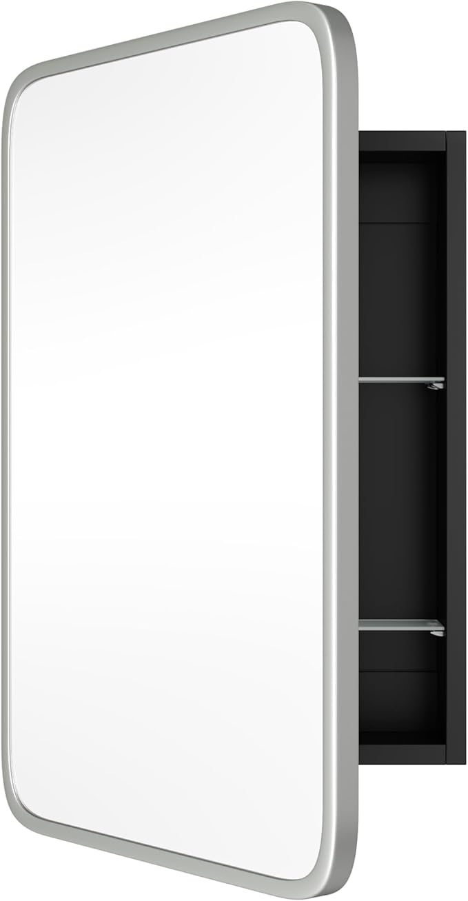 AGDULL Vintage-Style Bathroom Wood Black Cabinet with 16.5''x24'' Brushed Nickel Metal Frame Curved Mirror, Recessed Medicine Cabinet, Bathroom Storage Cabinet