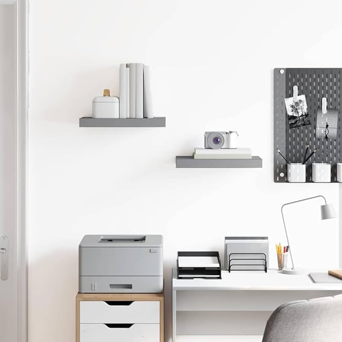 Floating Wall Shelves Set of 2, Modern Gray Display Shelves with Invisible Mounting for Living Room & Office, 15.7x9.1 Inches, Durable MDF and Metal, Easy Install Rack for Books, Decor, Awards