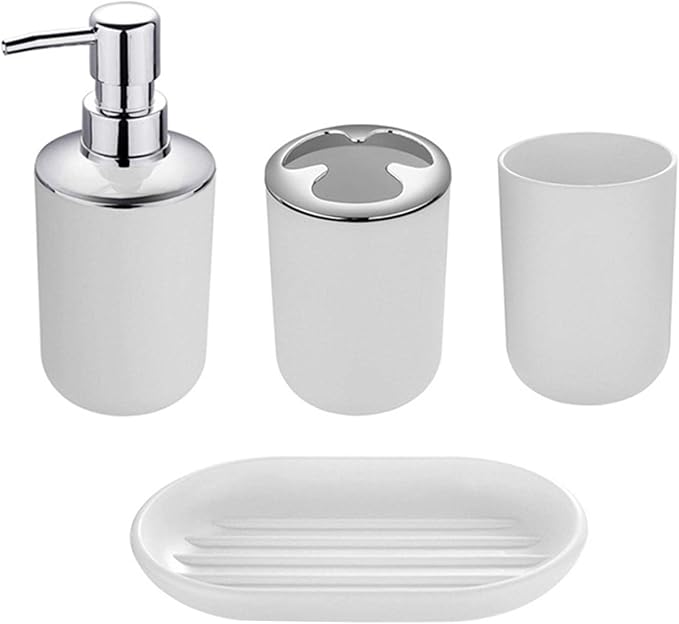 4pcs Bathroom Accessories Set, Toothbrush Holder Tooth Mug Soap Dish Liquid Bottle Bathroom Set Shower Countertop Vanity Organizer(White)