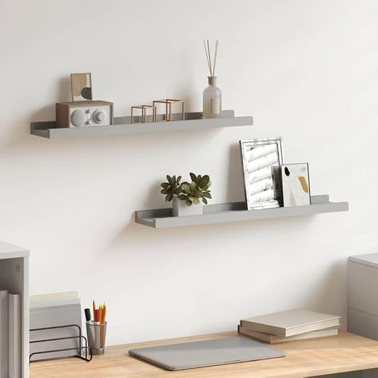 Floating Picture Ledge Shelves Set of 2, 23.6 Inch Wall Mounted Display Shelf for Photos, Art, and Decor, Modern Grey MDF Storage Organizers for Living Room Bedroom