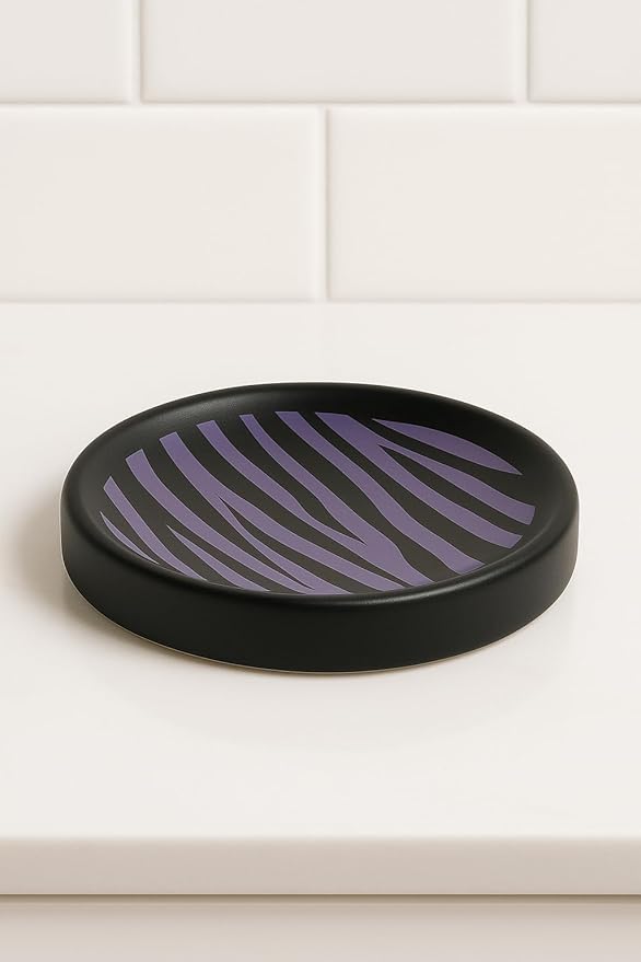 4 Piece Ceramic Bathroom Accessories Set - Purple Black Zebra Animal Print - Complete Bath Decor Kit Includes Designer Soap or Lotion Dispenser - Toothbrush Holder - Tumbler - Soap Dish (Purple Zebra)
