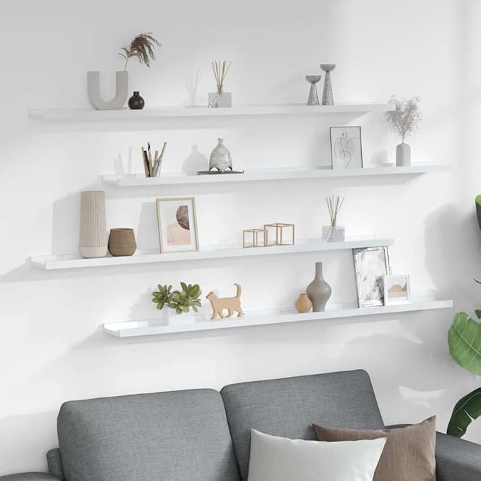 Set of 4 Floating Wall Shelves, 45.3 inch Modern Display Ledge for Living Room, Bedroom, Kitchen, High Gloss White Finish Decorative Storage Organizer