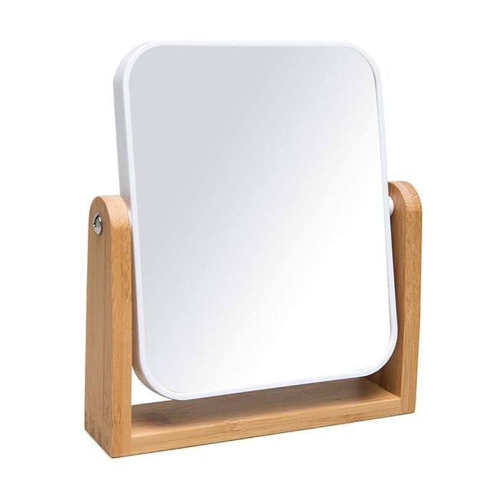 YEAKE Vanity Makeup Mirror with Natural Bamboo Stand, 8 Inch Double Sided 360 Degree Swivel Magnifying Mirror for Table, Desk, Countertop Shaving Make Up