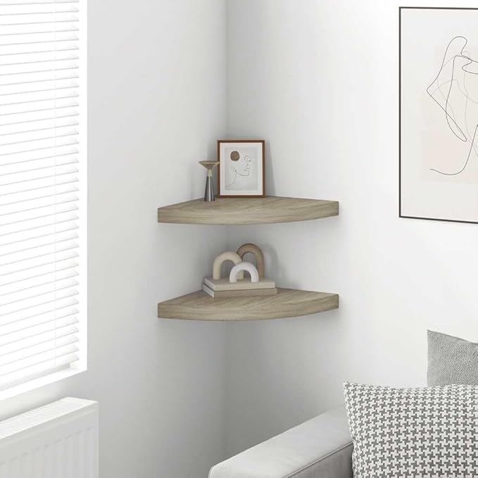 Floating Corner Shelves for Wall, Set of 2 Oak Wood Finish Corner 13.8x13.8 Inches, Invisible Mounting Display for Living Room Bedroom Bathroom, Durable MDF and Metal Storage Shelves