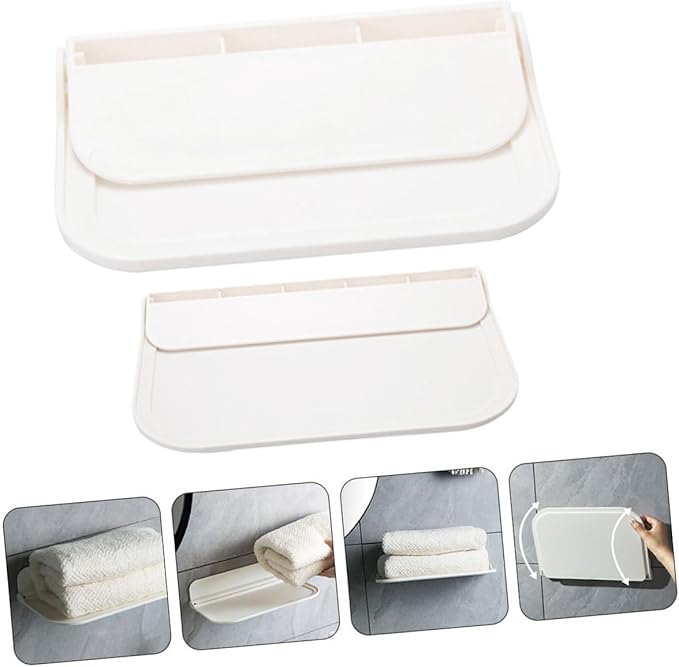 ULTECHNOVO 2pcs Adhesive Floating Bathroom Shelves Foldable Storage Rack for Towels and Soap Modern Wall-Mounted Organization for Small Spaces