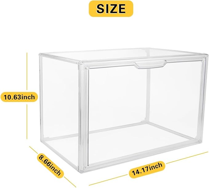 GUDEMAY Clear Stackable Plastic Storage Bins with Magnetic Lid, Dustproof Book & Cosmetic Acrylic Display Cases, Large Figures Collectibles Showcase, Shoe Box, Protection Organizer (L, Count, 3)