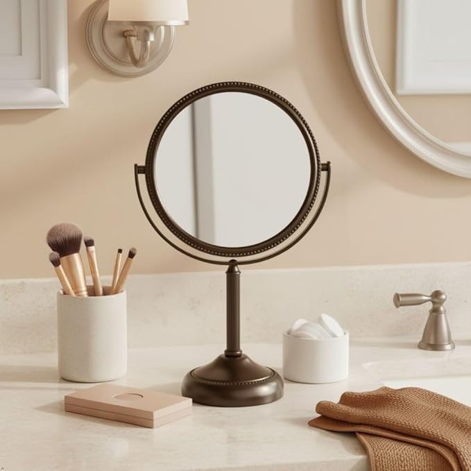 JERDON Two-Sided Tabletop Makeup Vanity Mirror - 10X-1X Magnification & Swivel Design - 6-Inch Diameter Portable Mirror - Bronze Finish - Model JP910BZP