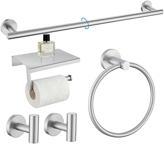 Brushed Nickel 5-Piece Bathroom Hardware Set, SUS304 Stainless Steel, Round Towel Bar, Towel Ring, Toilet Paper Holder, 2 Robe Hooks, Concealed Mount, Wall Mounted Accessories for Bathroom