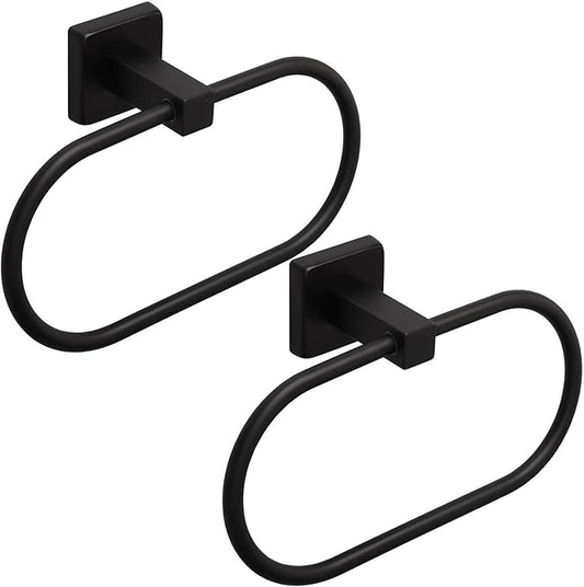 TocTen 2 Pieces Towel Ring/Hand Towel Rack - Thicken SUS304 Stainless Steel Bathroom Hand Towel Holder Heavy Duty Unique Oval Hand Towel Hanger Wall Mounted for Bathroom Kitchen Sink（Matte Black）