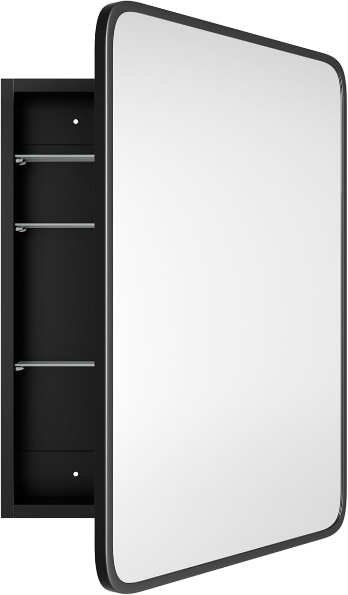 AGDULL Bathroom Wood Black Cabinet with 20''x30'' Black Metal Frame Curved Mirror, Recessed Medicine Cabinet, Bathroom Storage Cabinet