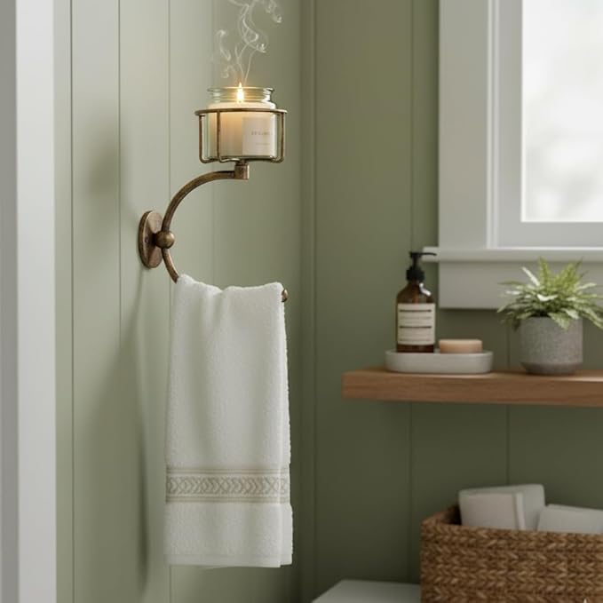 C-Shaped Towel Ring with Top Storage Basket – Unique Space-Saving Wall Mount Holder for Towels, Candles, Plants & Toiletries, Decorative Metal Accent for Bathroom or Kitchen