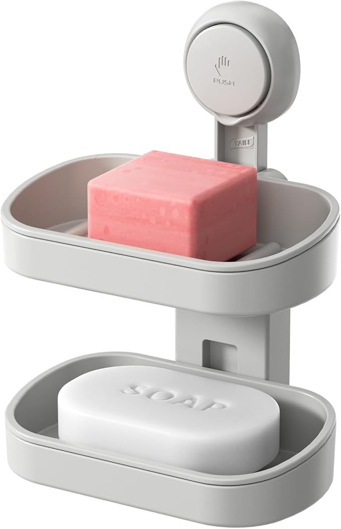 TAILI Soap Holder Soap Dish for Shower, Suction Cup Soap Holder for Shower Wall, Bathroom Accessories, Removable Strong Hold Soap Saver, Drill Free Double Soap Dish, Grey 2 Layer