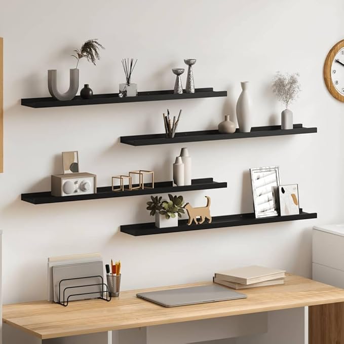 Floating Wall Shelves Set of 4, 31.5 Inch Modern Decorative Shelving Units for Living Room Bedroom, Matte Black MDF Hanging Storage Display Ledges