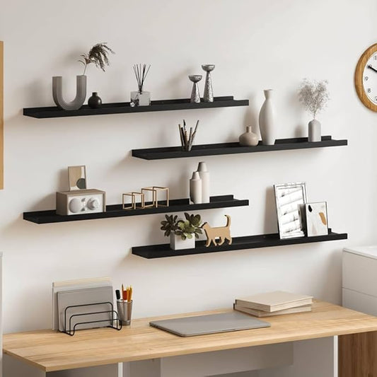 Floating Wall Shelves Set of 4, 31.5 Inch Modern Decorative Shelving Units for Living Room Bedroom, Matte Black MDF Hanging Storage Display Ledges