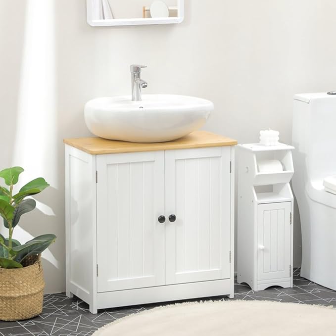 Pedestal Sink Storage Cabinet with Double Doors, Under Sink Cabinet with Shelf, Space-Saving Bathroom Vanity Wall-Mountable U Cut-Out Easy Assembly Crystal White & Walnut