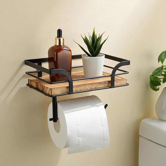 Bathroom Shelf Over Toilet, Wall Mounted Tissue Holder and Storage Shelf, Space Saver Organizer for Bathroom with Wood Board, Black