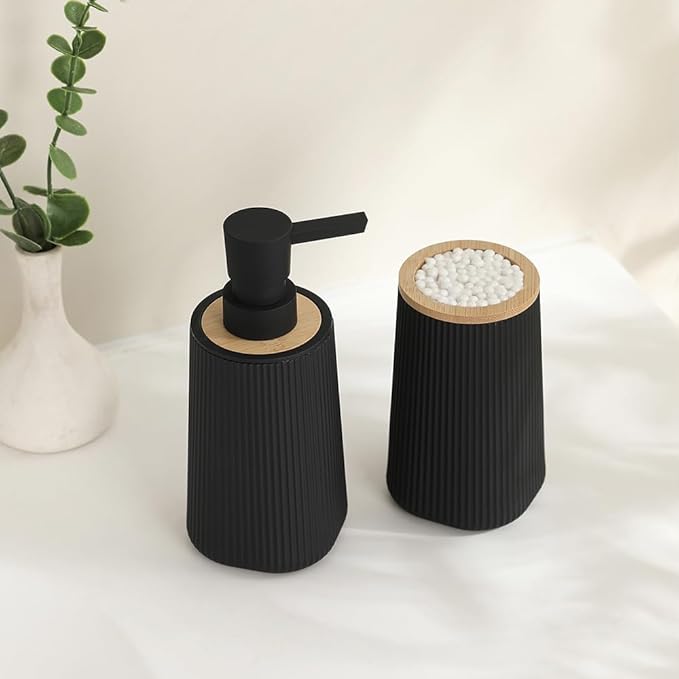 YAUKPH Bathroom Accessories Set 2 Piece Soap Dispenser and Toothbrush Holder for Bathroom Countertop Striped Black and Bamboo