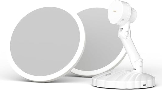 Portable Travel Vanity Mirror with Lights,Interchangeable Mirror Design,15X Magnifying Mirror,Stepless Adjustable Lighted Makeup Mirror,3 Color Modes,Desk or Travel Use