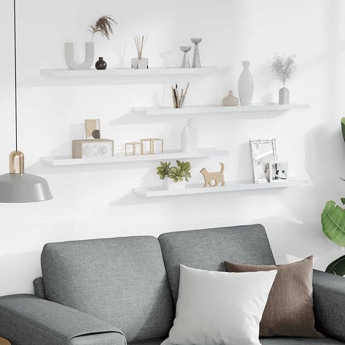 Set of 4 Floating Wall Shelves, 31.5 Inch Modern MDF Display Ledges for Living Room, Bedroom, and Office, Decorative Wall Mounted Storage for Books and Decor, White