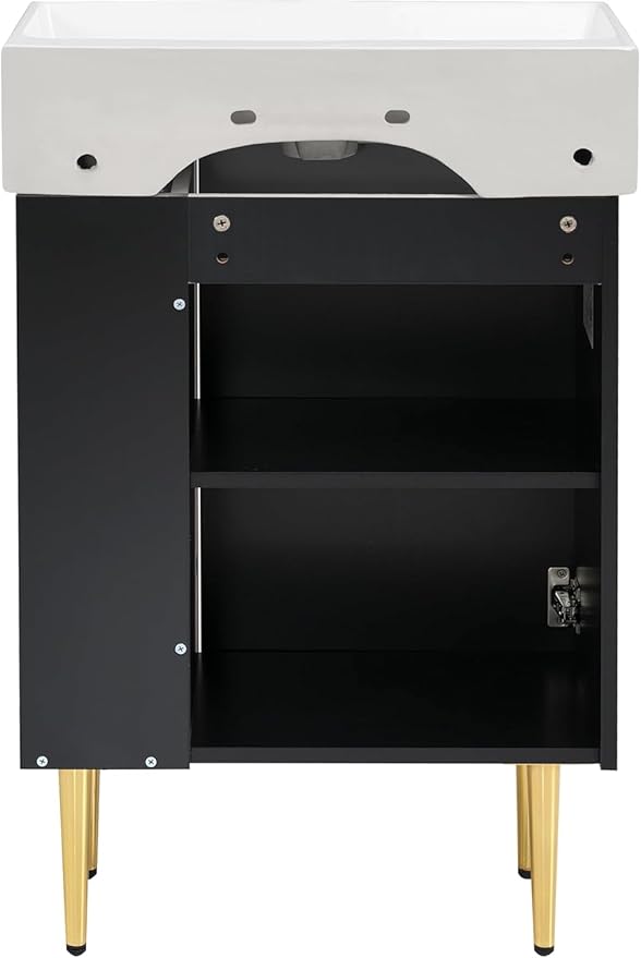 Virubi 21.6 in Small Bathroom Vanity with Sink,Doors and Storage Shelves,Wood Modern Single Fluted Bathroom Sink Cabinet Freestanding (Black,Right Shelf)