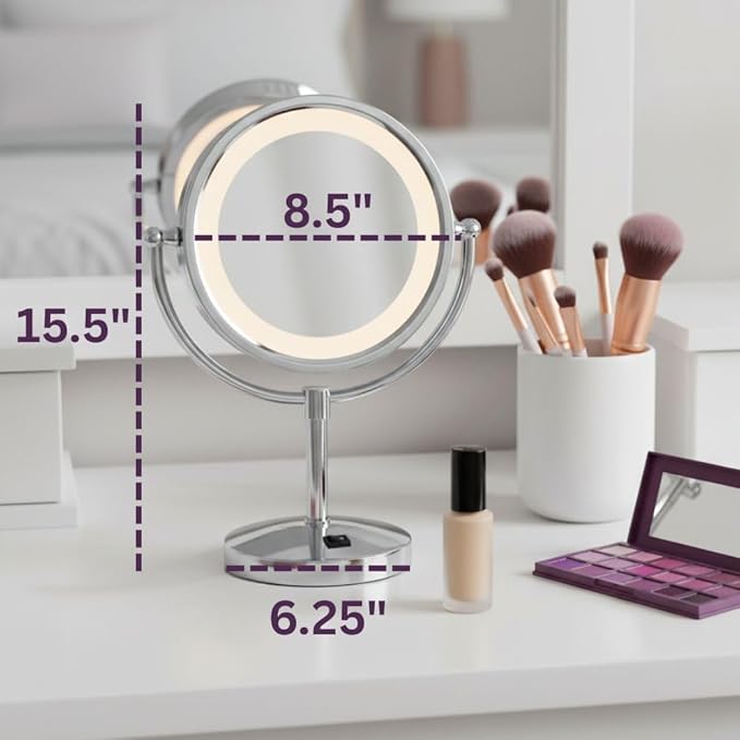 JERDON LED Lighted Makeup Mirror - 5X Magnifying Tabletop Vanity Mirror for Makeup, Skincare, & Grooming - 8.5" Chrome Finish, 360° Swivel, Built-in Outlet - Model HL745CO
