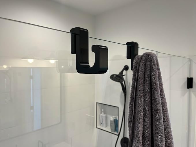 Frameless Shower Glass Towel Hook, 3/8 Inch Glass Mount, Modern Black Bathroom Towel Holder