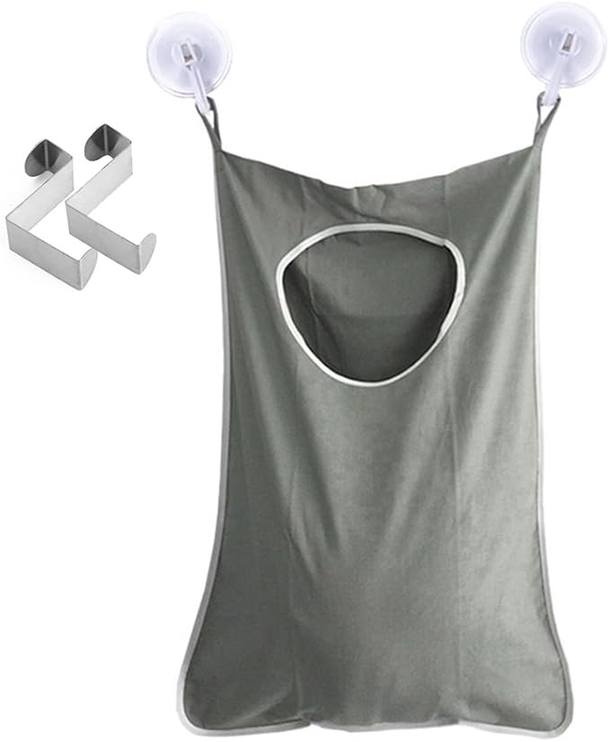 Oxford Fabric Space Saving Door-Hanging Laundry Hamper Bag + 2 Stainless Steel Hooks + 2 Strong Suction Cups for Bedroom, Nursery, Dorm or Closet (Grey)