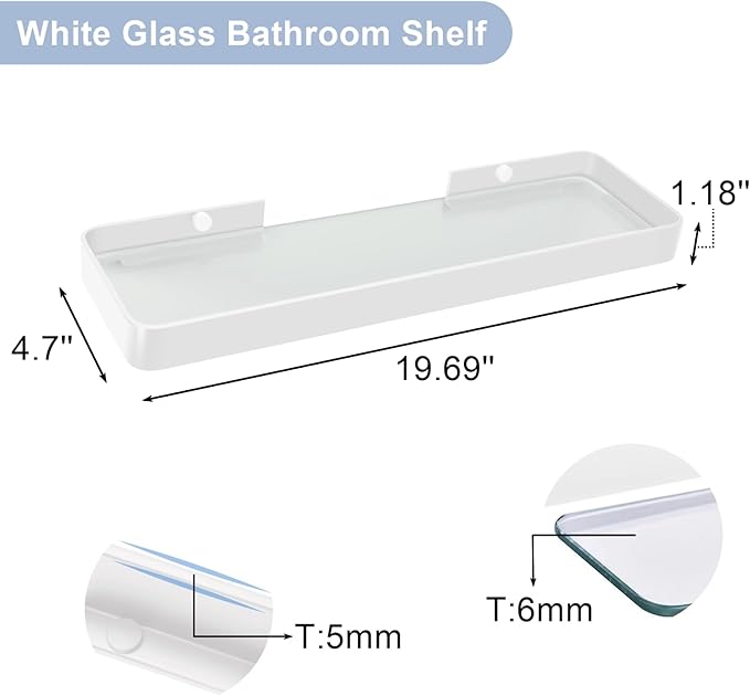 Z metnal Small Glass Bathroom Shelves, White Floating Shelf, Mini Wall Shelf for Bathroom Organizer, Wall Mounted (White Clear Glass, 20 inch/50cm),1 pcs