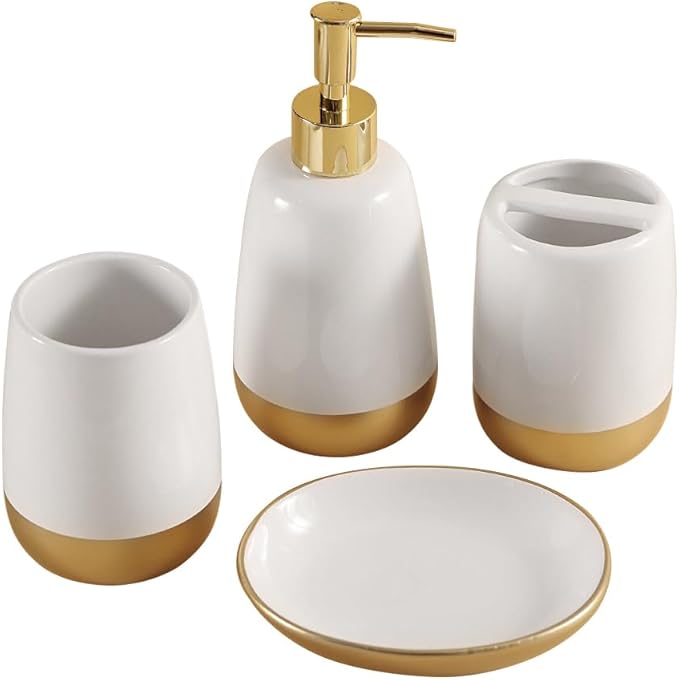 Elegant White with Gold Bathroom accesory Set 4pc,Toothbrush Holder soap Dispenser soap Dish Tumbler Cup for Bathroom Decor Morden Style (White 2)