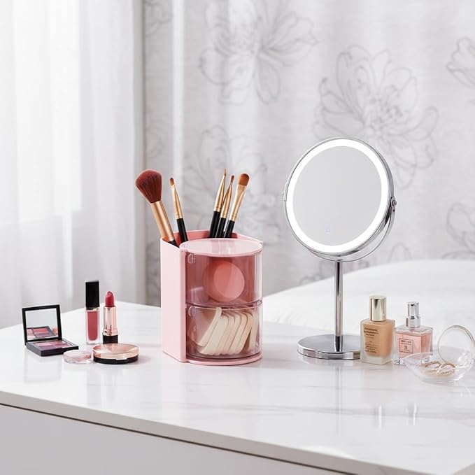 2-Layer (pink) Clear Hair Accessories Organizer,with Hair Brushes Holder Rotatable Small Jewelry Box for Hair Clip, Earring Necklaces, Makeup Brush, Hair Accessories.