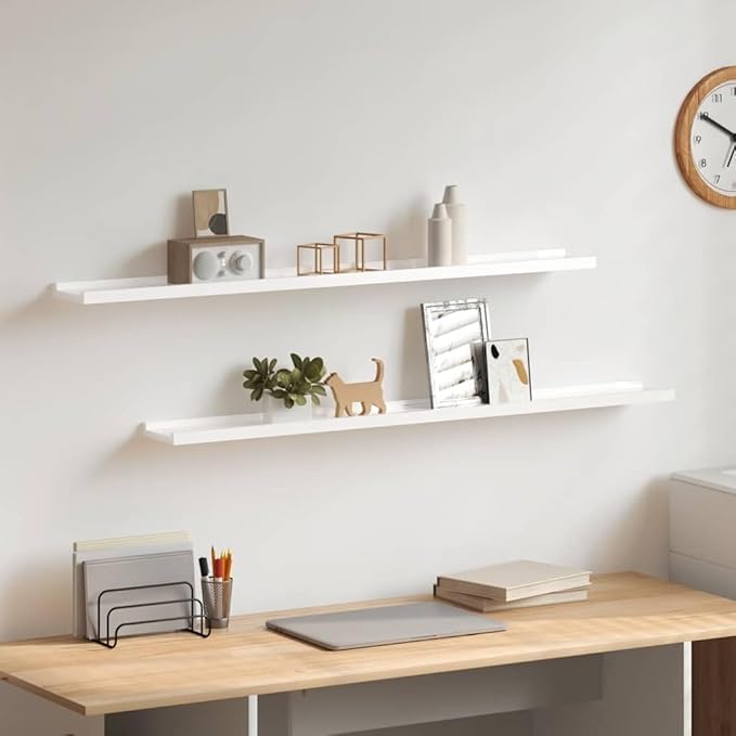 Wall Shelf Set of 2, 39.4 Inch Modern Floating Shelves, High Gloss White MDF Display Ledge for Living Room, Bedroom, and Home Office Wall Decor