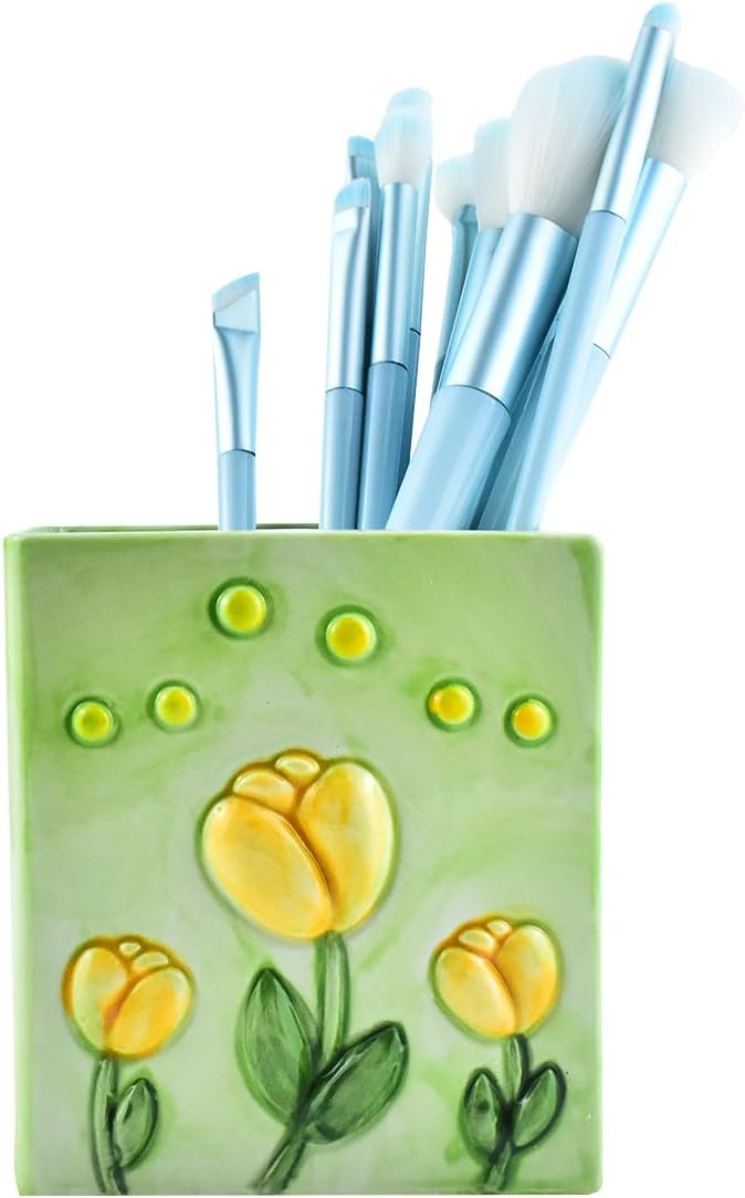 Ceramic Book Shaped Tulip Pattern Cosmetic Storage Box, Desktop Organizers Make Up Brush Storage Stand Desktop Storage Box for Brush,Pencil,Art Supplies, Painting Brush (Green)