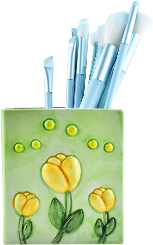 Ceramic Book Shaped Tulip Pattern Cosmetic Storage Box, Desktop Organizers Make Up Brush Storage Stand Desktop Storage Box for Brush,Pencil,Art Supplies, Painting Brush (Green)