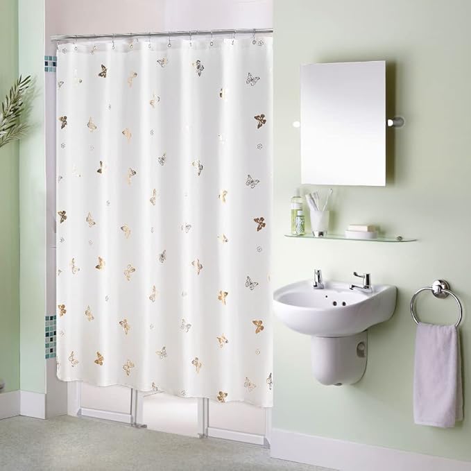 Jubilantex Gold Butterfly Shower Curtain for Bathroom, White Farmhouse Waterproof Bathroom Decorative Rustic Kids Shower Curtain with 12 Rust Proof Grommets for Spa Hotel, 70x72 Inches