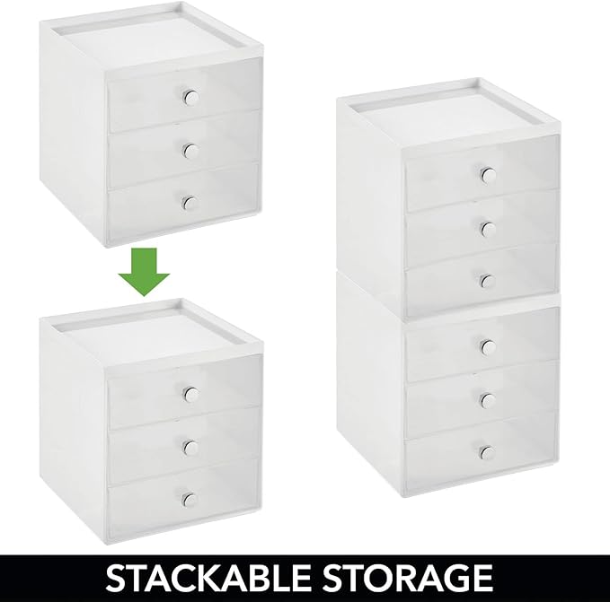 mDesign Makeup Organizer Storage Station Cube with 3 Drawers for Bathroom Vanity, Cabinet, Countertops - Holds Lip Gloss, Eyeshadow Palettes, Brushes, Blush, Mascara - White/Clear