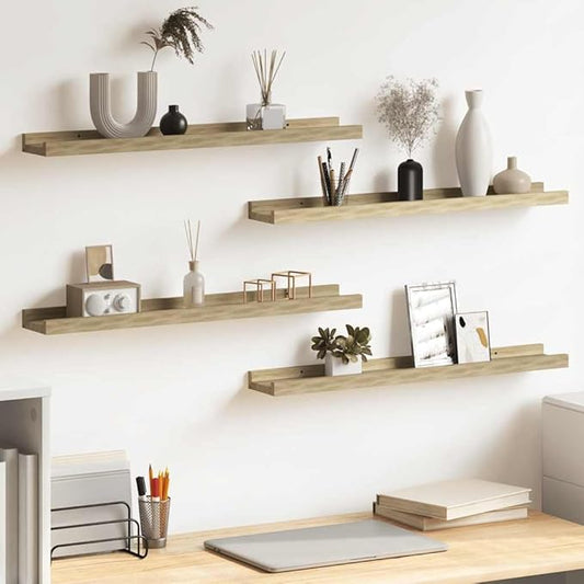 Set of 4 Floating Wall Shelves, 23.6 Inch Modern Sonoma Oak Wood Display Ledges for Bedroom, Living Room, and Home Decor, Easy to Clean Matte Finish