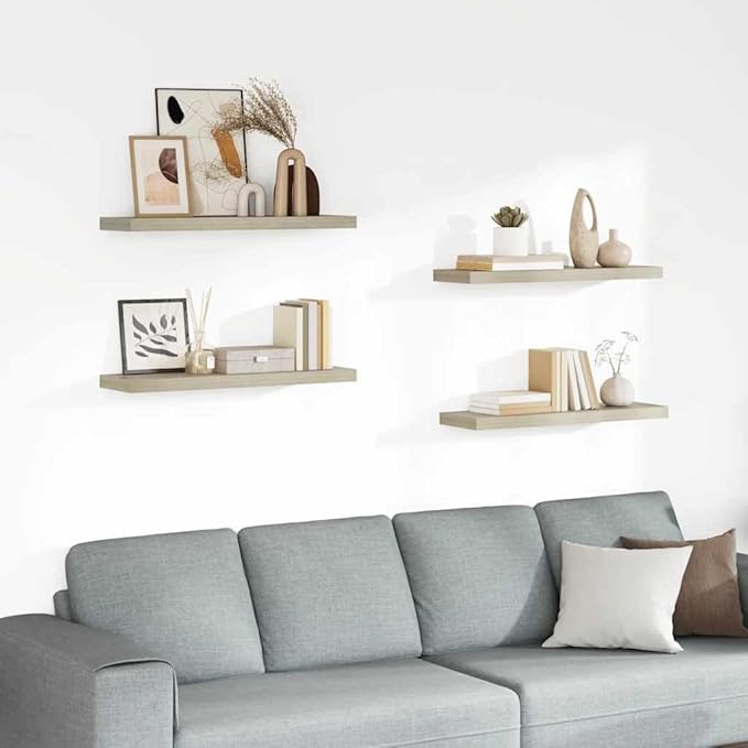 Floating Wall Shelves Set of 4, Invisible Mounting Oak Wood Look Shelves for Living Room Decor, 31. 5 Inch Modern Display Rack for Books, Plants, Photos, heavy-duty 22lb Load Each, Easy Install