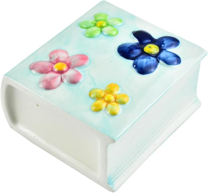 Ceramic Book Shaped Flower Pattern Cosmetic Storage Box, Desktop Organizers Make Up Brush Storage Stand Desktop Storage Box for Brush, Painting Brush (Blue)
