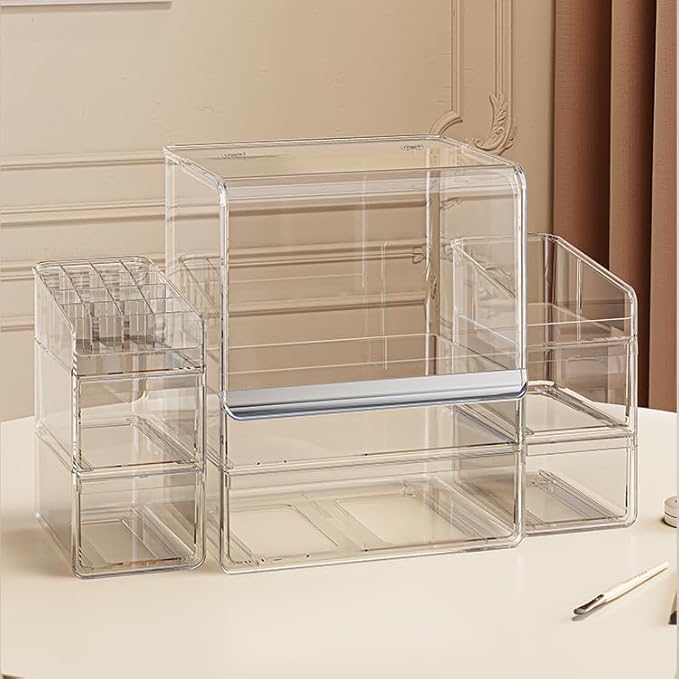 Makeup Organizer with Lid Drawers Translucent Skincare Holder Large Capacity Cosmetics Countertop Storage Box for Vanity Easy Visibility Dustproof (Silver Clear,Large + Brush + Cream Organizer)