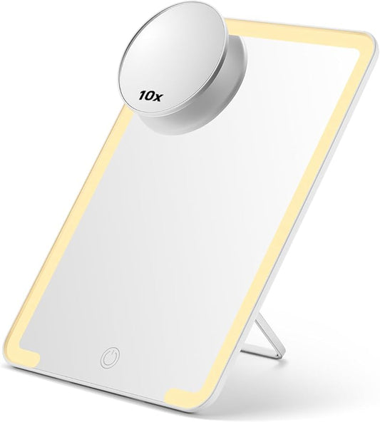 OMIRO Lighted Makeup Mirror with 10X Magnifying Mirror, 10 x 7 inches Desk Mirror with Adjustable Stand and 3 Lighting Modes for Shaving and Travelling, White