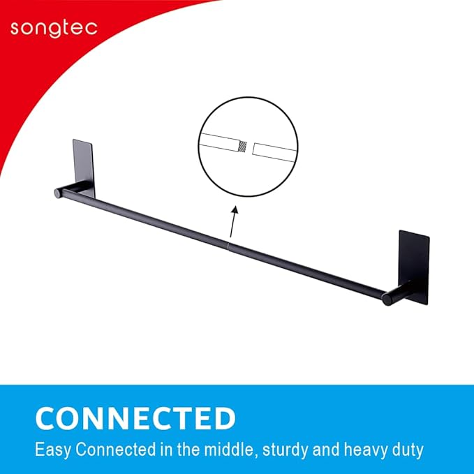 Adhesive Bath Towel Bar 24-inch Black, No Drill Stick On Towel Rack, Easy Install with Self-Adhesive, Premium SUS304 Stainless Steel (Black, 24)