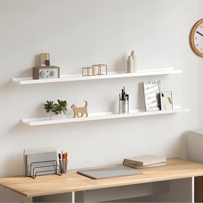 Set of 2 Floating Wall Shelves, 45.3 Inch Modern High Gloss White MDF Display Ledge, Wall Mounted Shelves for Living Room, Bedroom, and Home Decor