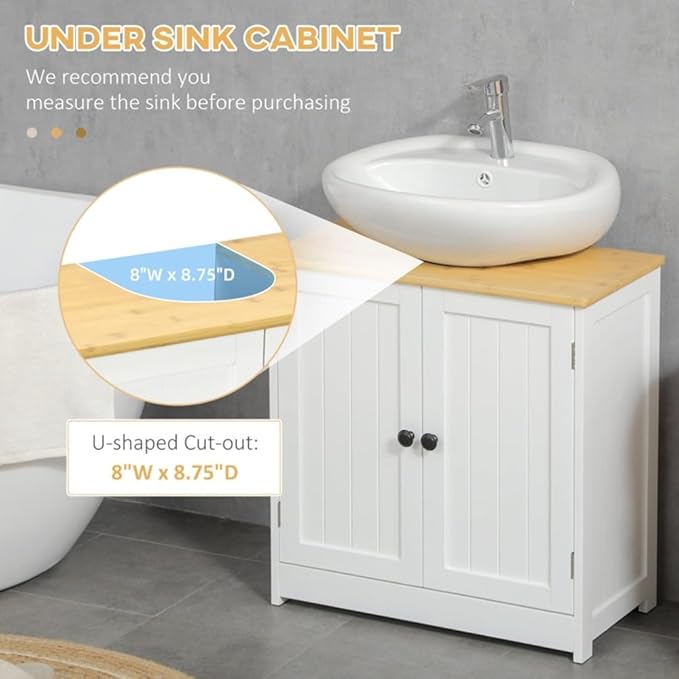Pedestal Sink Storage Cabinet with Double Doors, Under Sink Cabinet with Shelf, Space-Saving Bathroom Vanity Wall-Mountable U Cut-Out Easy Assembly Crystal White & Walnut