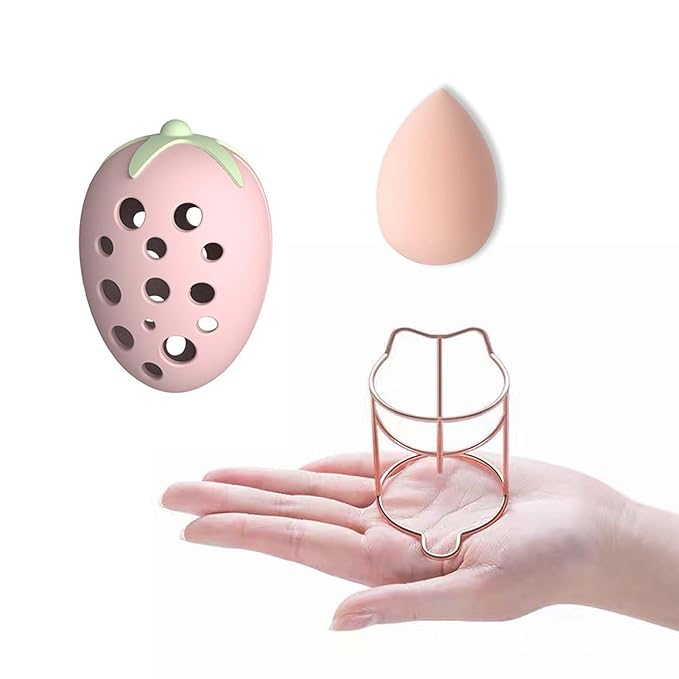Makeup Sponge Holder Strawberry-shaped Stylish Cosmetic Sponge Storage Case Stainless Steel Makeup Tool Compact & Lightweight Travel-Friendly Cute & Portable Silicone (B「Pink + Rose Gold」)