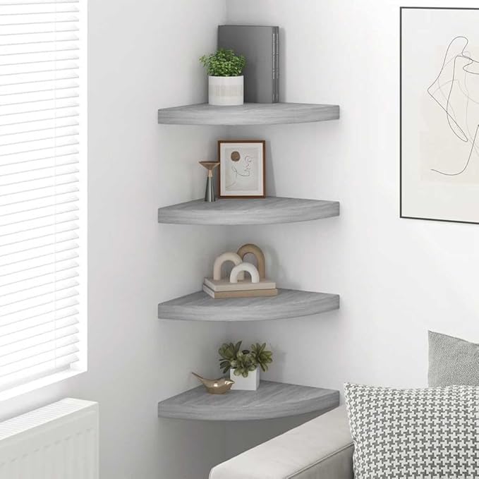 Wall Corner Shelf Set of 4, Concrete Grey Floating Shelves for Living Room Bedroom Office, Decorative MDF Storage Organizer for Small Spaces, 13.8 Inch