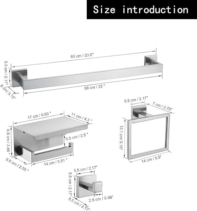 10-Piece Brushed Nickel Bathroom Hardware Set SUS304 Stainless Steel, 2×23.6" Towel Bars, 2 Towel Rings, 2 Toilet Paper Holders & 4 Towel Hooks Wall Mounted Bathroom Accessories Set