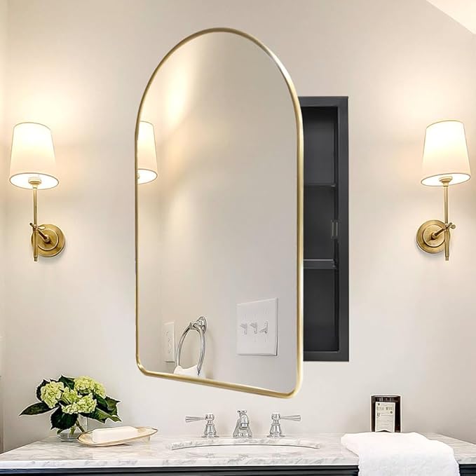 Arched Medicine Cabinet with Mirror,Recessed Medicine Cabinet,Gold Bathroom Arch Mirror Cabinet,Metal Framed Arch Medicine Cabinet Surface Mount,20x31Inch