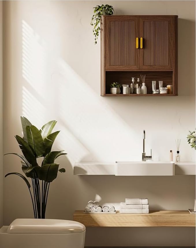 INNOD Bathroom Storage Cabinet, Medicine Cabinet with Adjustable Wood Shelf & Doors, Over The Toilet Storage Cabinet for Laundry Room & Kitchen & Living Room (Walnut)