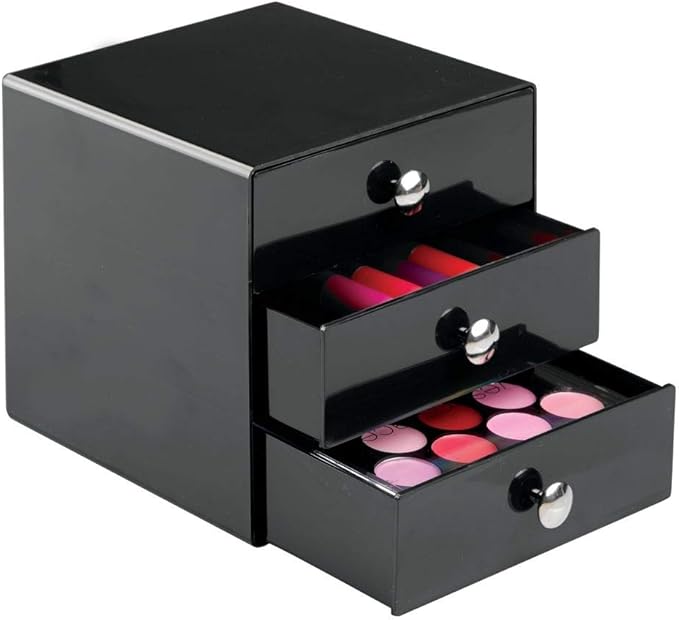 iDesign 35360 3-Drawer Plastic Vanity Organizer, Compact Storage Organization Set for Cosmetics, Dental Supplies, Hair Care, Bathroom, Dorm, Desk, Countertop, Office, 6.5" x 6.5" x 6.5", Black