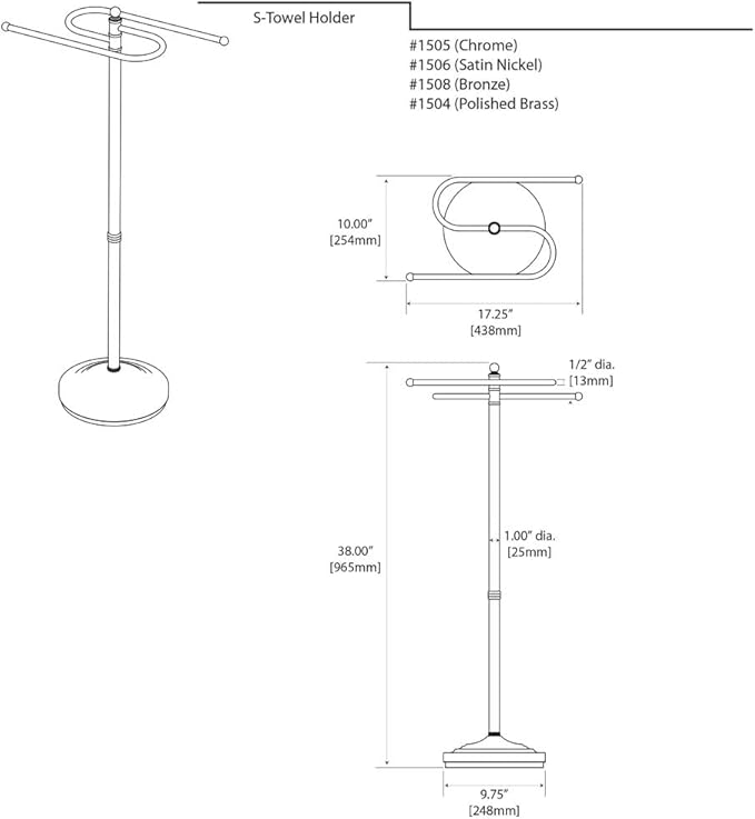 Gatco 1505PN, Modern Round Base Floor Standing S Style Towel Holder, Polished Nickel / 38" H Freestanding Hand Bath Towel Stand for Bathroom